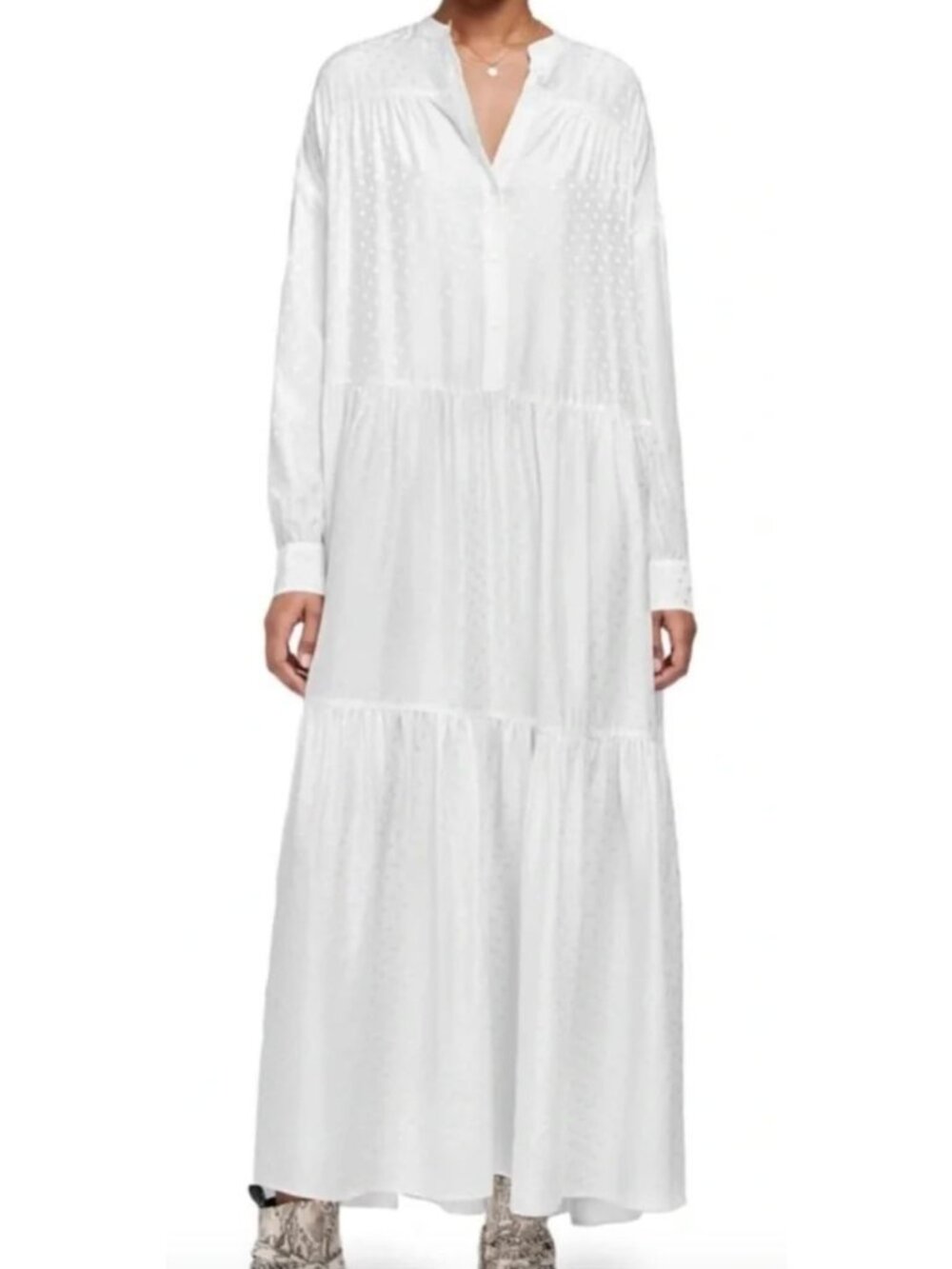 ANINE BING Louise Tonal Dot Long Sleeve Silk Maxi Dress White Size XS